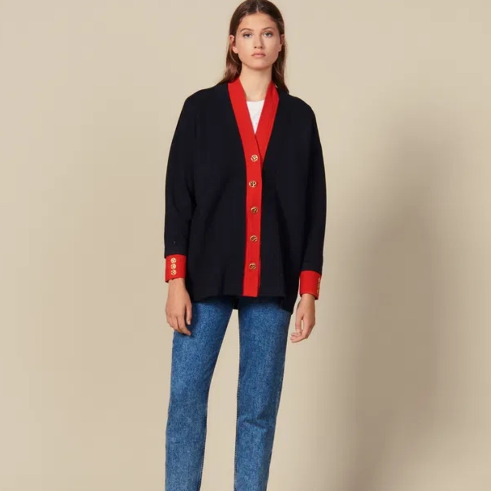 Sandro Black Cardigan with Red Trim - Picture 2 of 7